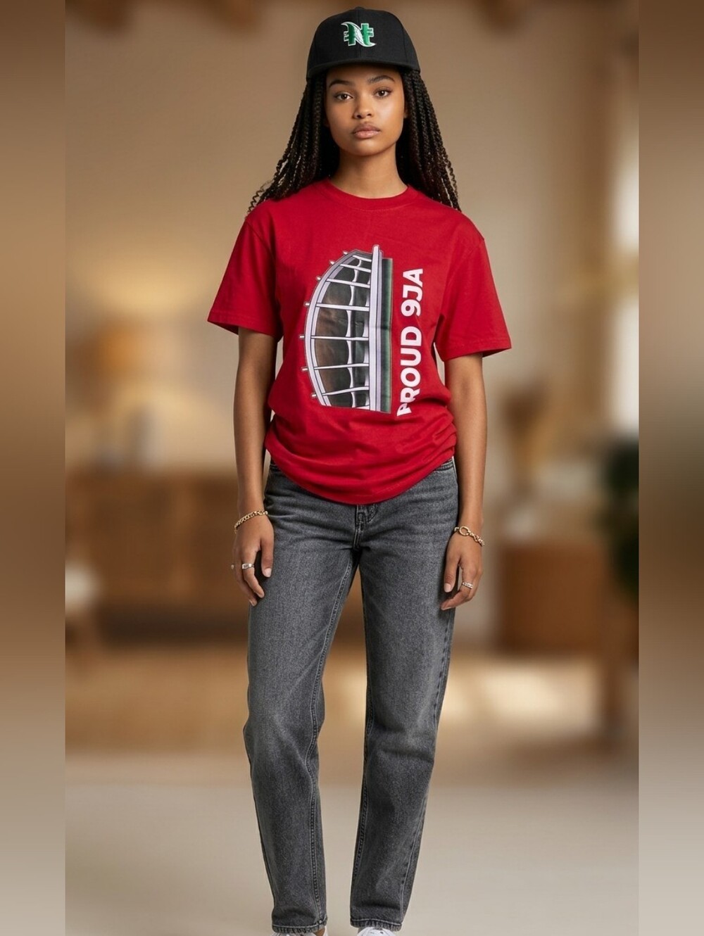 Red Graphic Tee with Vertical Lettering